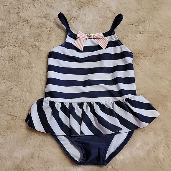 JANIE AND JACK NAVY BLUE AND WHITE STRIPED SWIMSUIT WITH BOW, SIZE 12-18 MONTHS - Picture 1 of 5